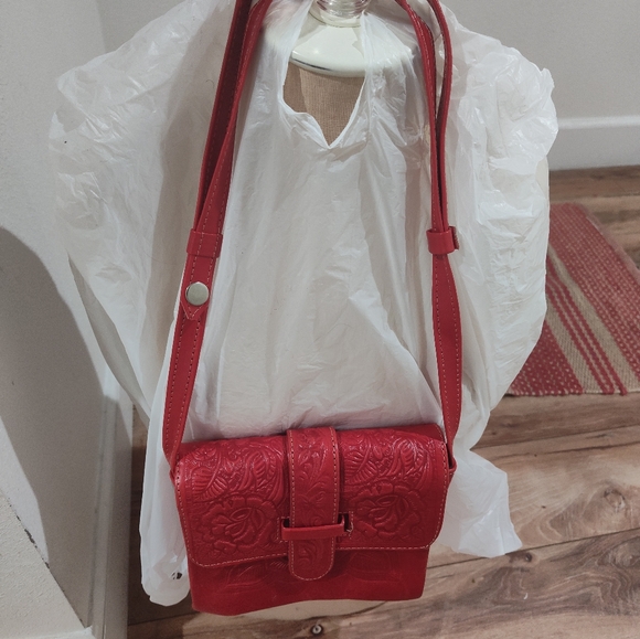 Vtg Tooled Leather Bag RED - Picture 9 of 11